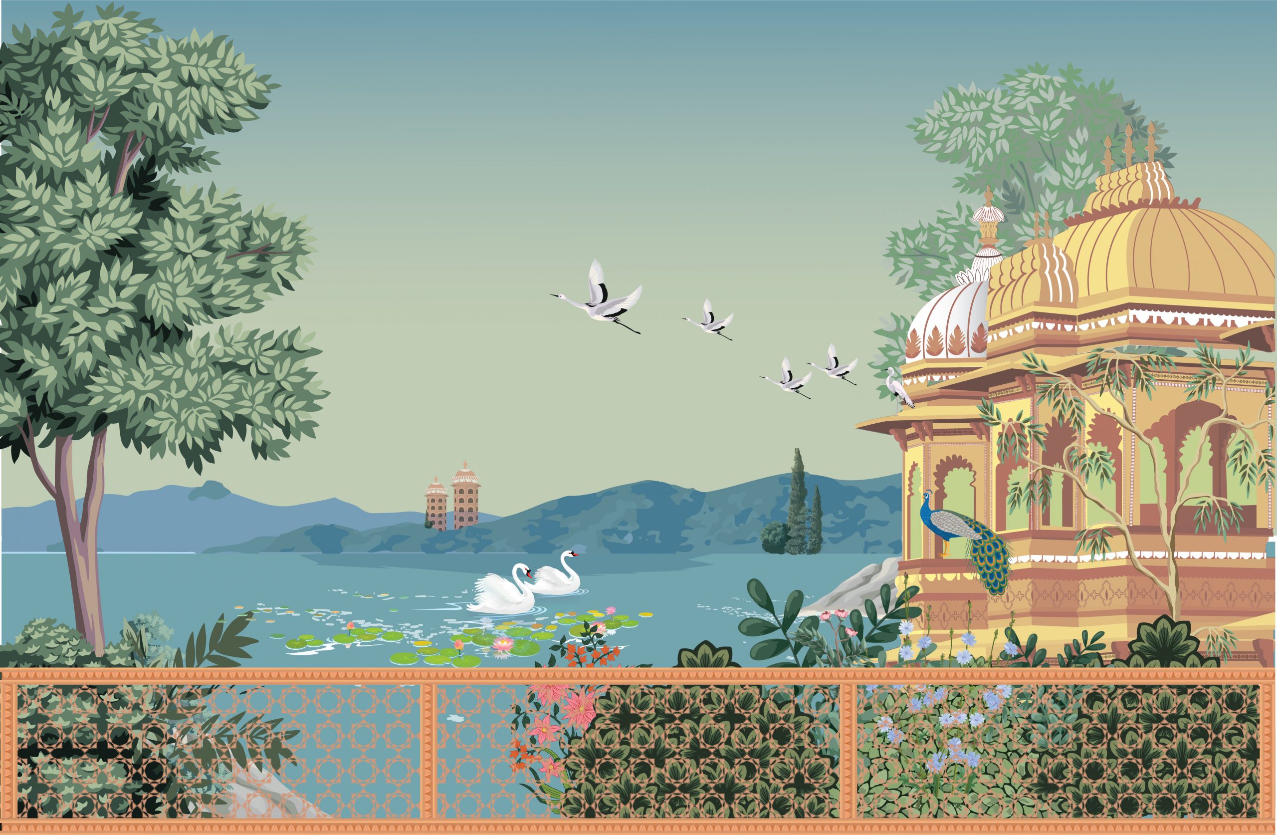 Une illustration calme au bord d’un lac, avec un joli pavillon, des cygnes qui nagent, des oiseaux qui volent et beaucoup de plantes autour. L’ensemble donne une ambiance douce et tranquille.