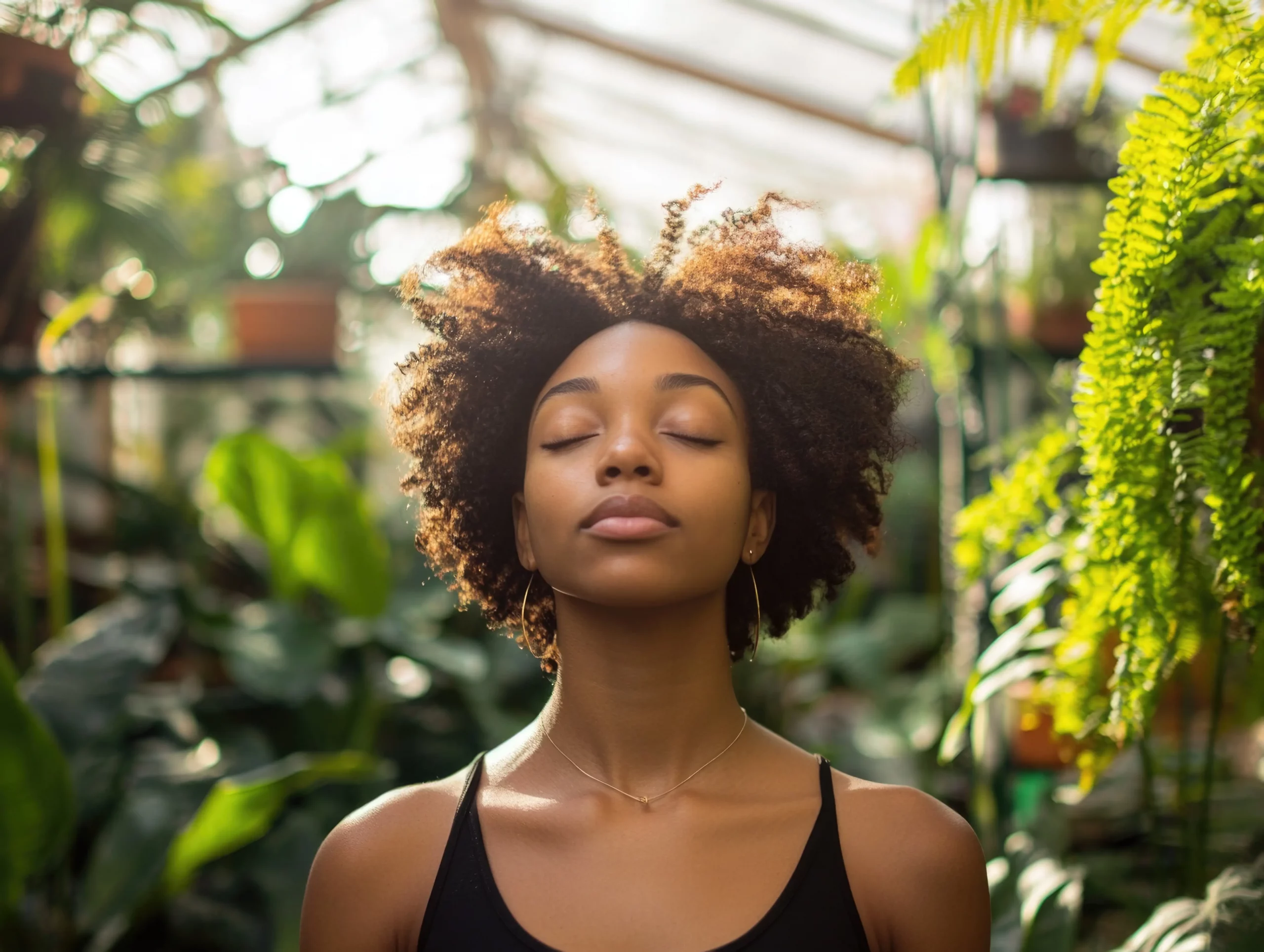 Une femme en débardeur qui ferme les yeux et profite de la nature,entouréde plantes en extérieur