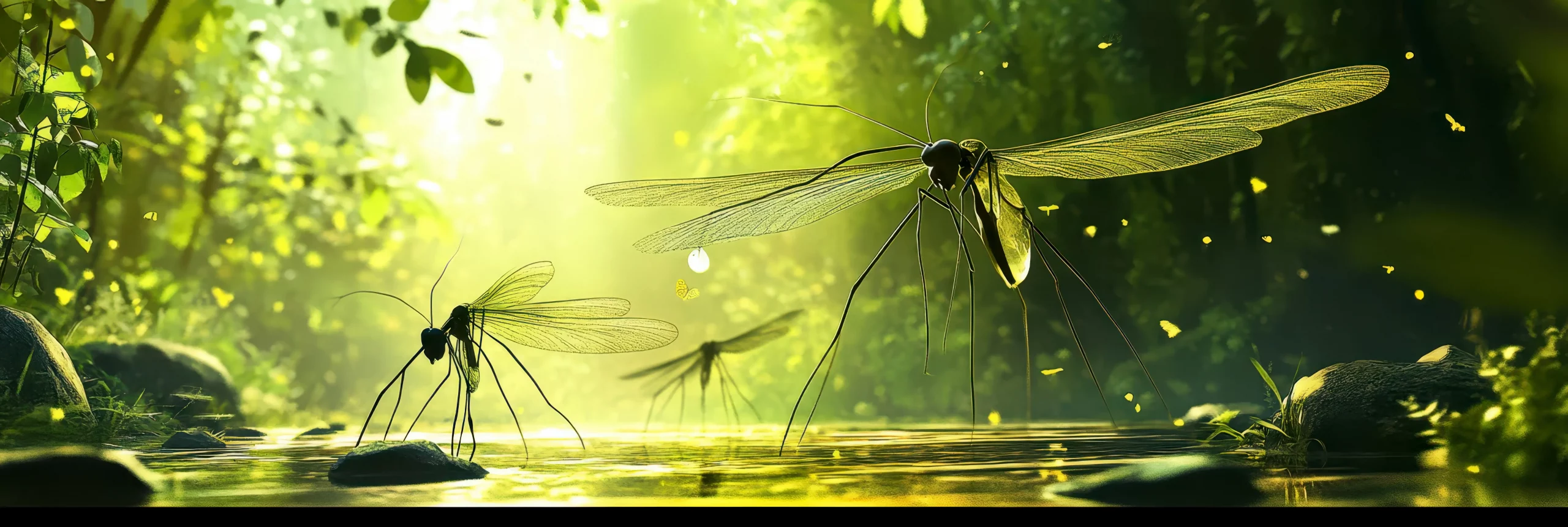 Une scène naturelle lumineuse dans une forêt humide, où de grands insectes ressemblant à des moustiques se tiennent au bord d’une eau calme, créant une ambiance à la fois paisible et fantastique.