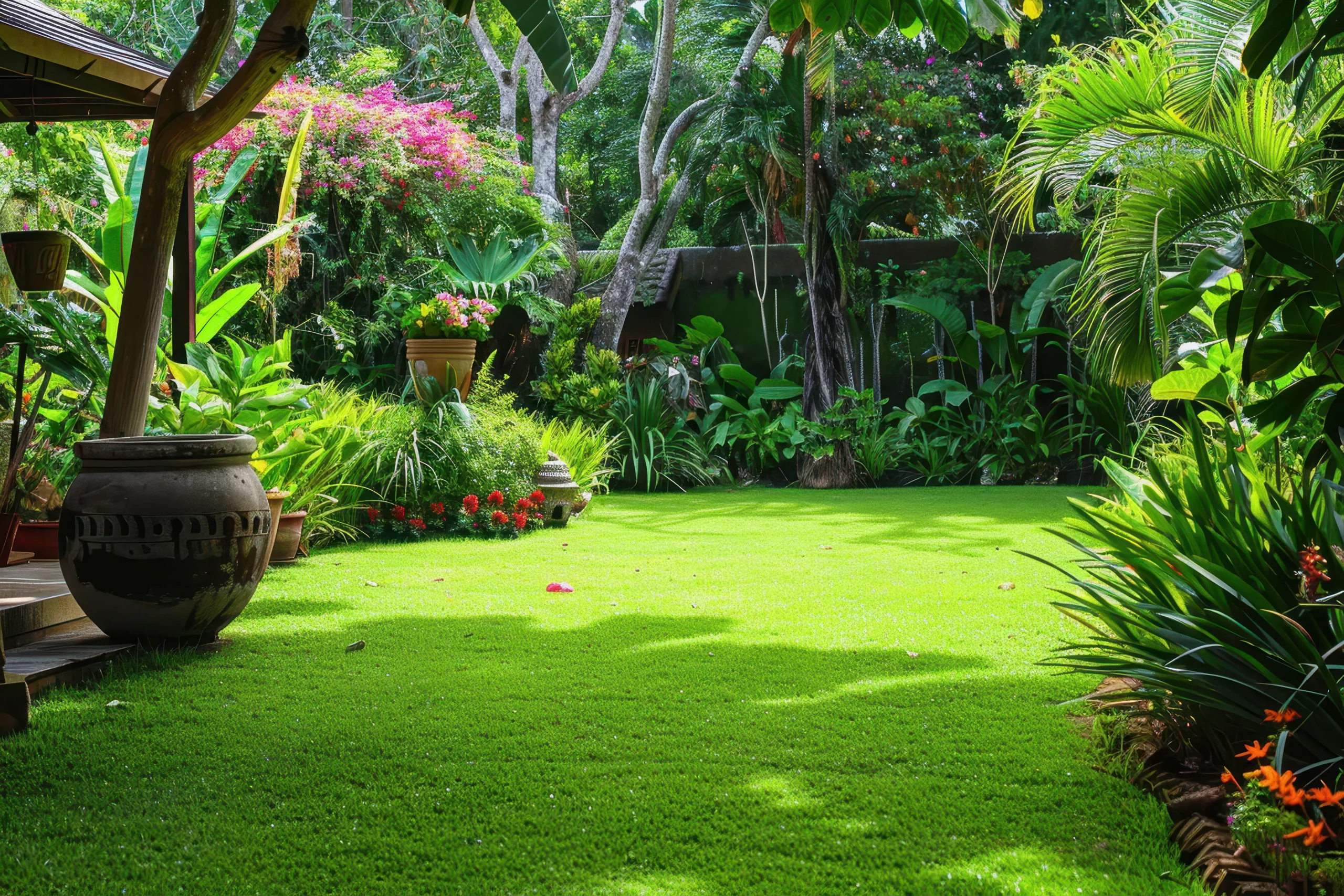 Un jardin tropical très vert et bien entretenu, avec une pelouse nette, beaucoup de plantes, des fleurs colorées et quelques pots décoratifs. L’endroit paraît calme, frais et agréable pour se détendre.