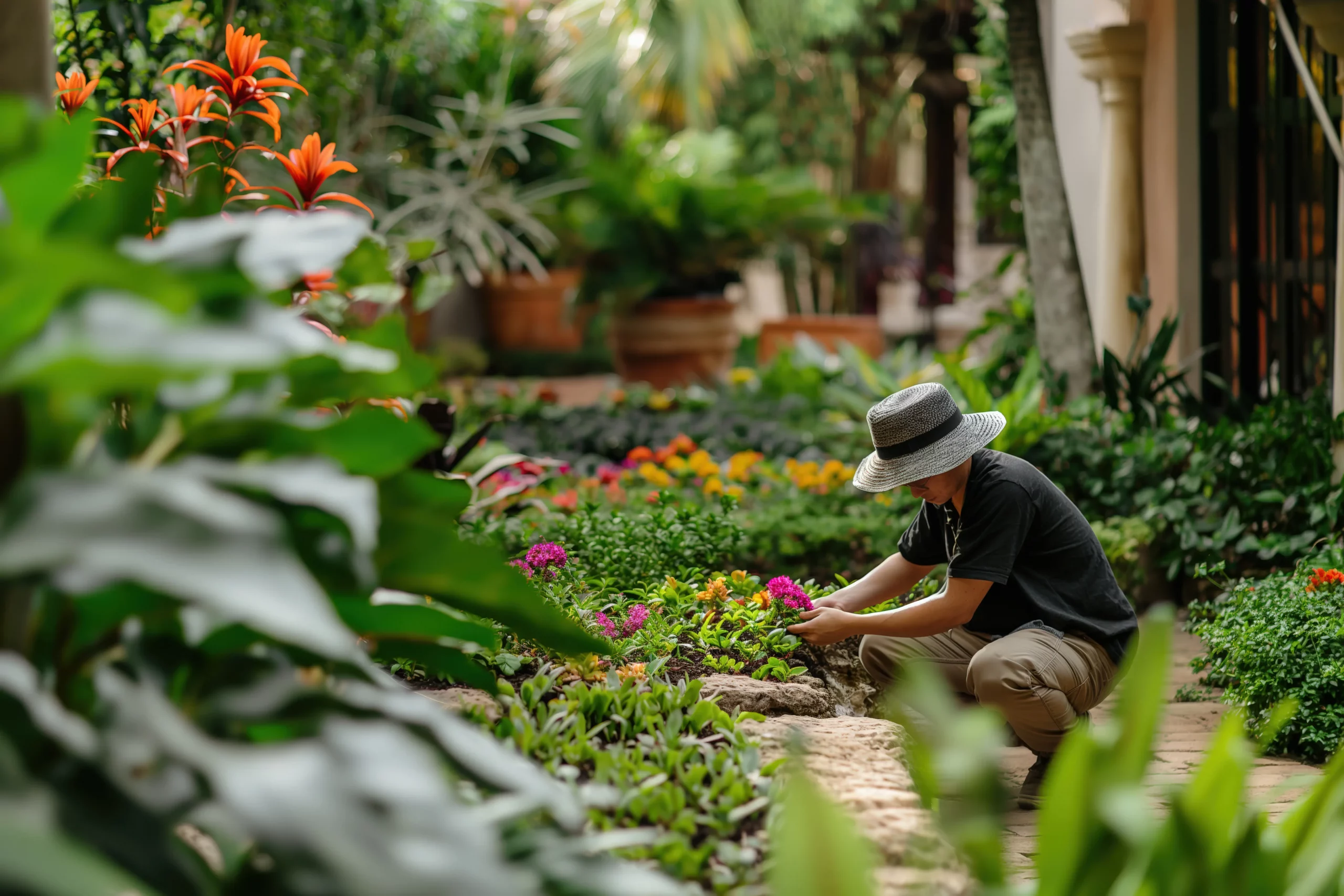 Un homme accroupi dans un jardin luxuriant prend soin de fleurs colorées près d’une maison, dans une atmosphère calme et lumineuse.