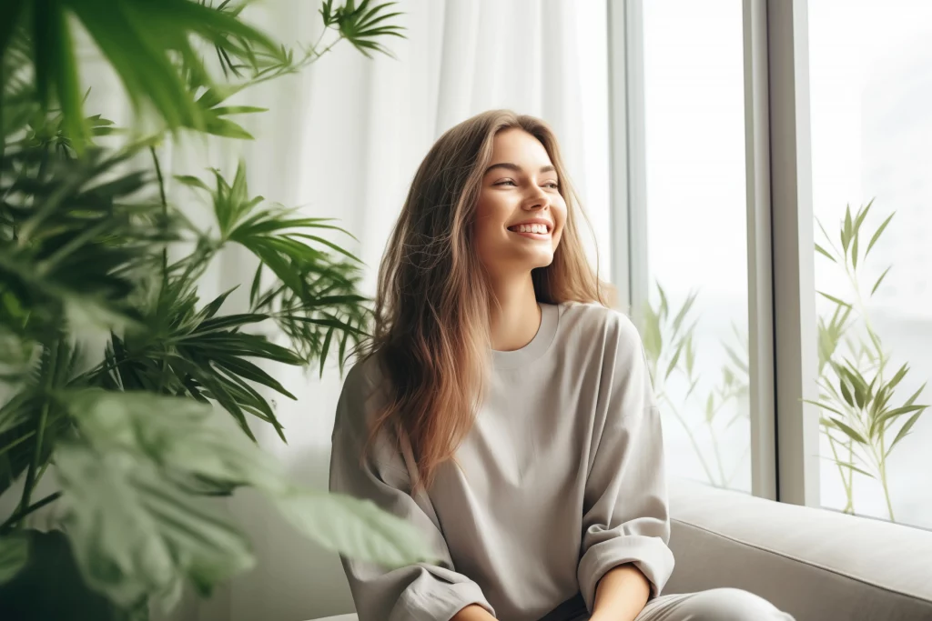 une dame qui sourit en intérieur avec des plantes,dans un espace lumineux