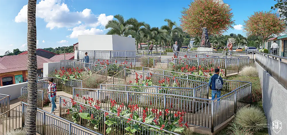 Jardin urbain en terrasses avec rampes et cheminements accessibles conçu par un architecte paysagiste pour l’aménagement paysager de la place de l’église à Saint-Esprit.