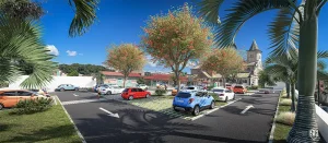 Parking paysager végétalisé avec arbres et revêtement perméable conçu par un architecte paysagiste pour le centre du bourg de Saint-Esprit en Martinique.
