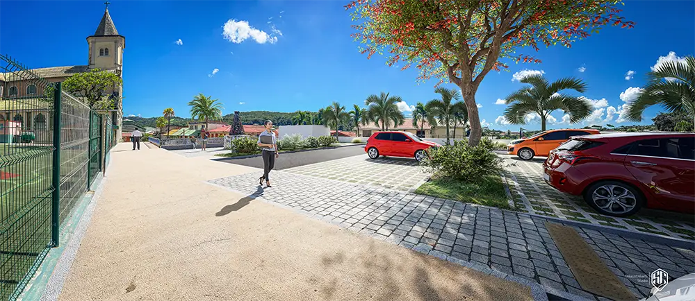 Vue piétonne d’un parking paysager arboré devant l’église avec cheminement accessible conçu par un architecte paysagiste à Saint-Esprit en Martinique.